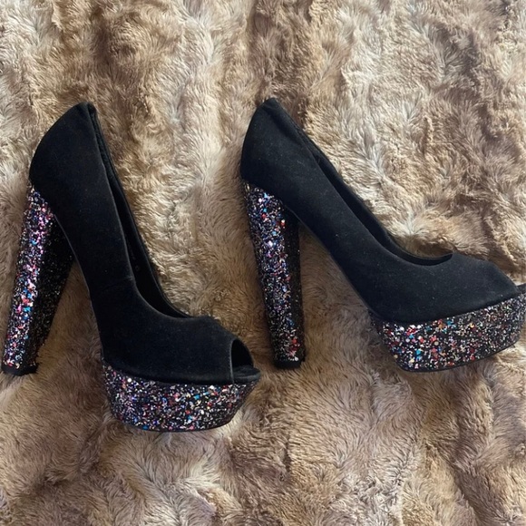 Asos Black Suede Glitter Peep Toe Pumps - Picture 1 of 4
